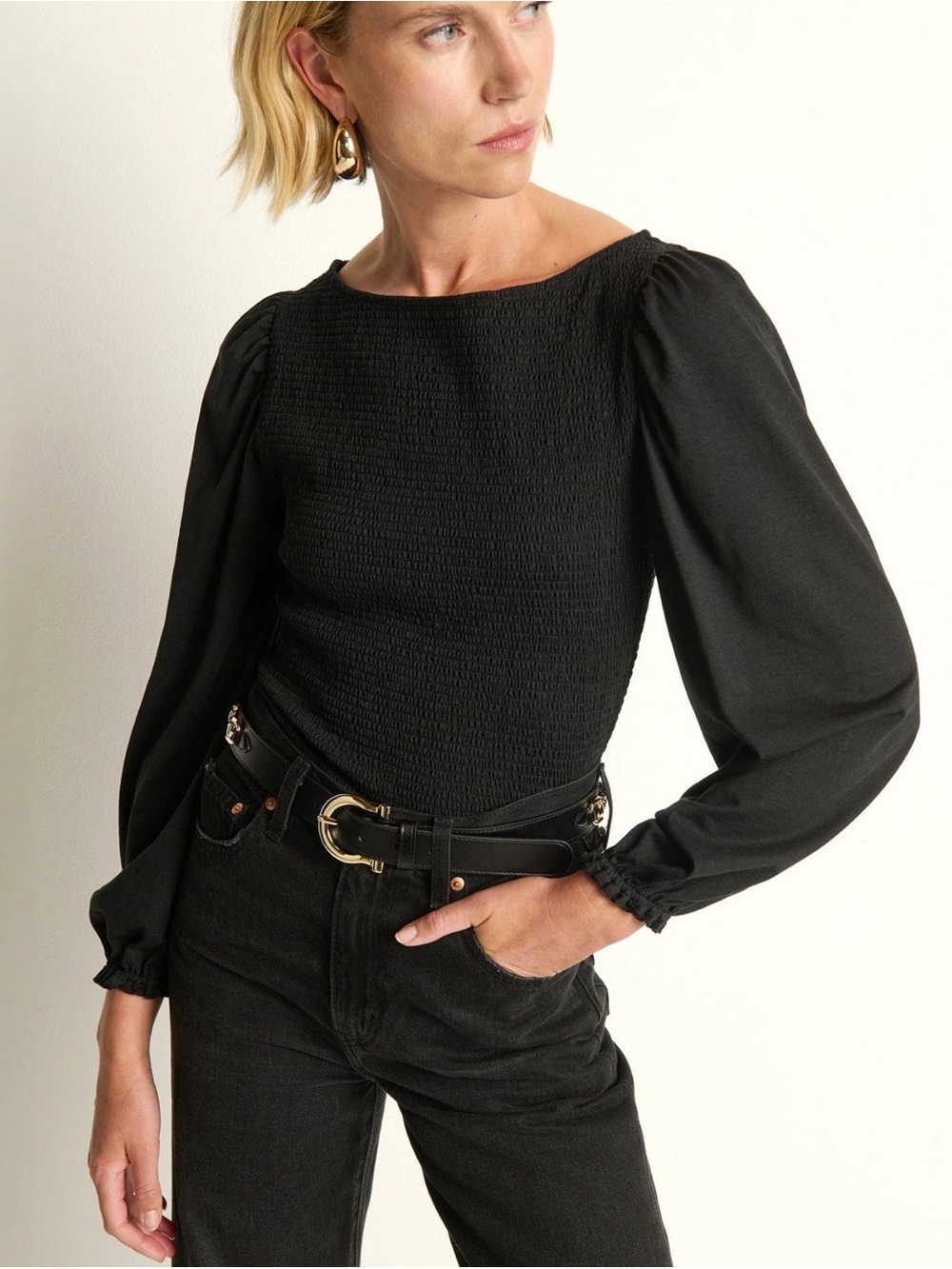 Nation Los Angeles Aidan‎ Black Smocked Long-Sleeve Blouse XXL